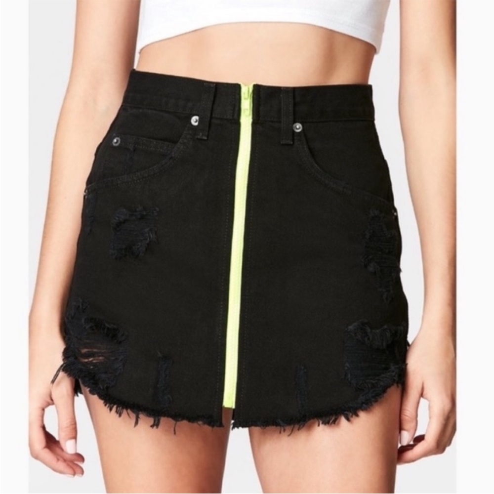 LF Carmar Black Denim Jean Mini Skirt Neon Yellow Zip Front Beatrice Distressed